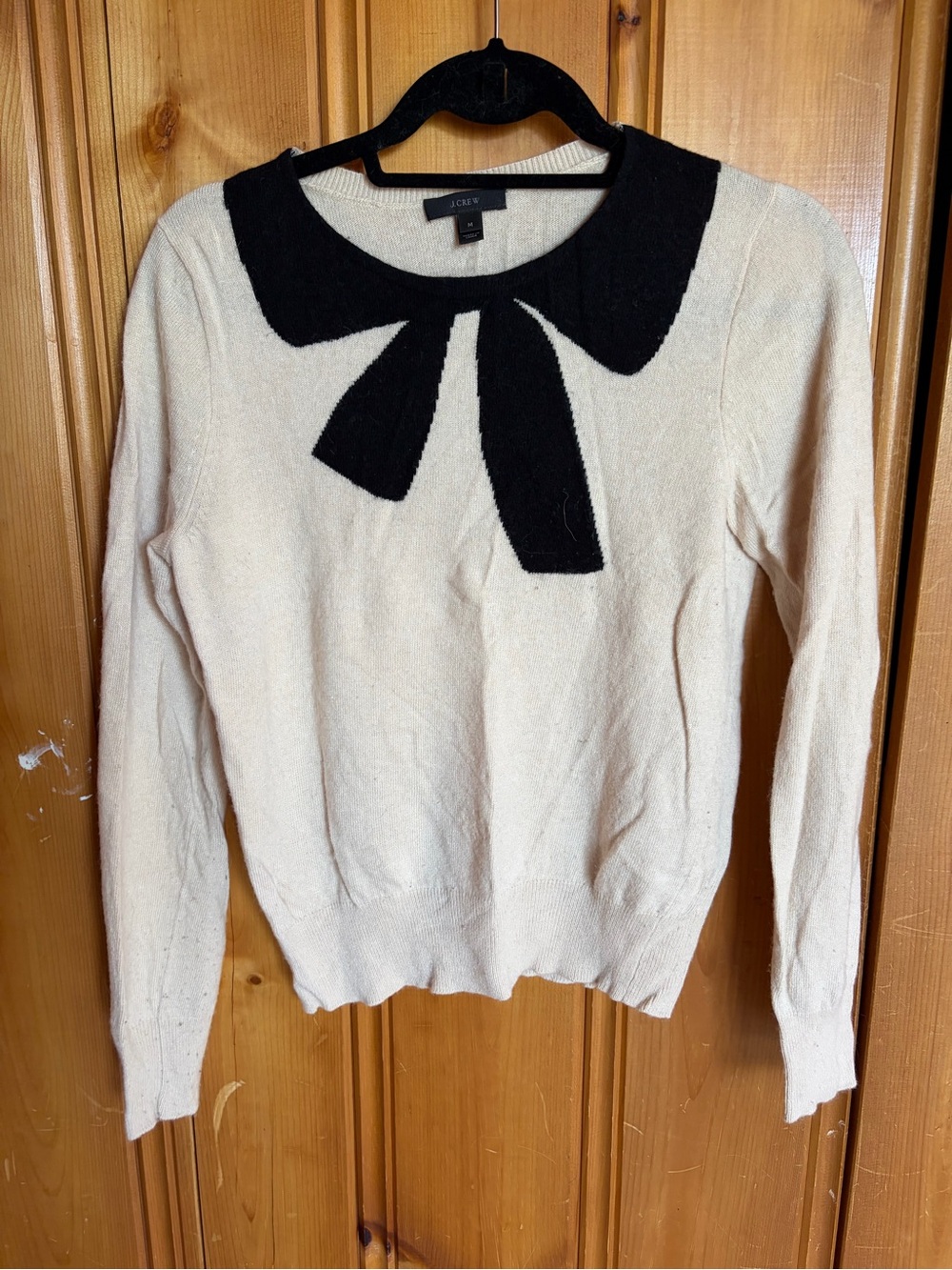 J. Crew Cream Sweater with Black Bow Collar Accent